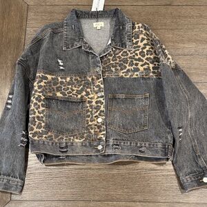POL Black and Brown Leopard Print Jean Jacket
